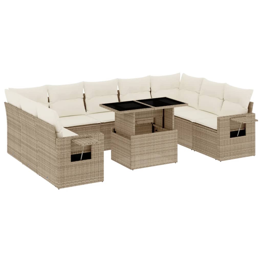 10-delige Loungeset met kussens poly rattan beige – afbeelding 2