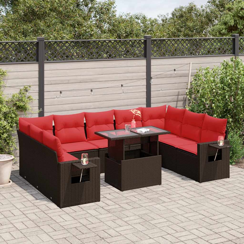 10-delige tuinbankset met kussens, bruin polyrotan – afbeelding 1