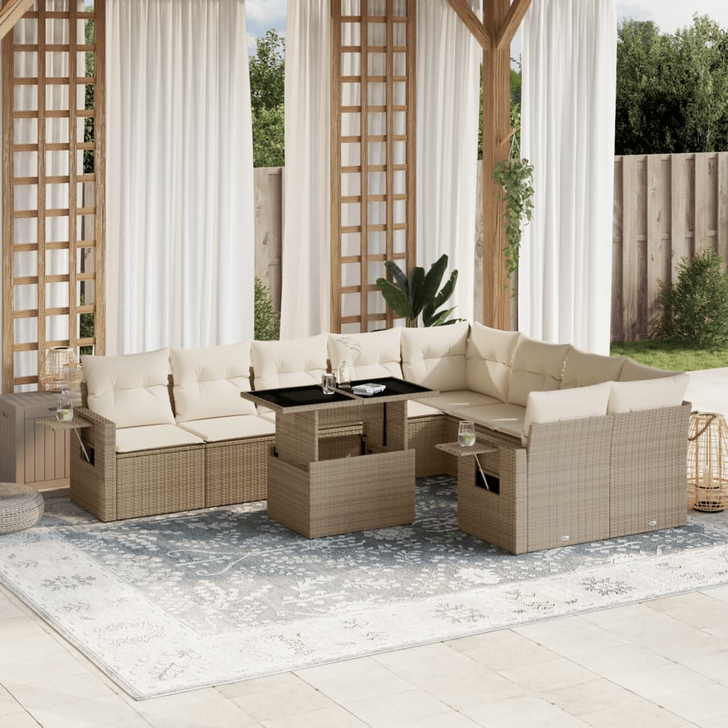 10-delige Loungeset met kussens poly rattan beige – afbeelding 1