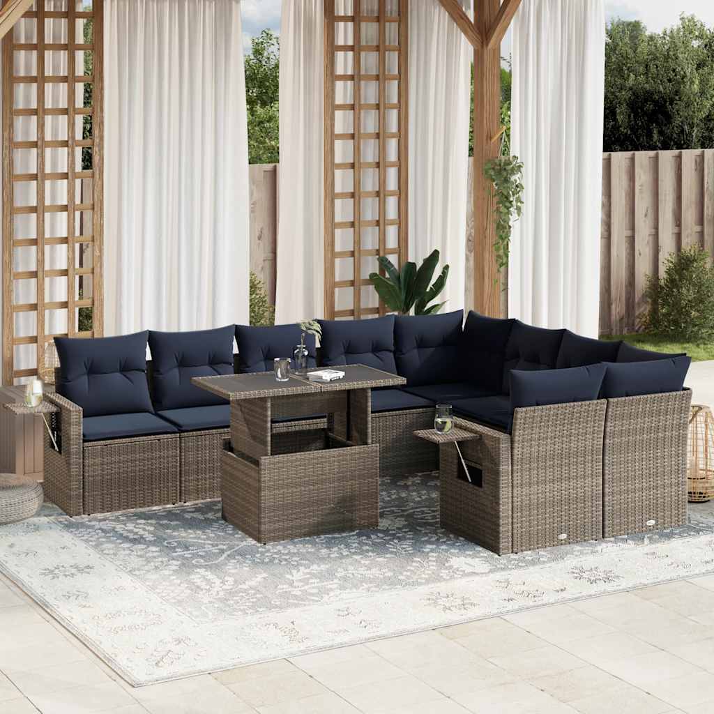 10-delige tuinbankset met kussens, grijs polyrotan – afbeelding 1