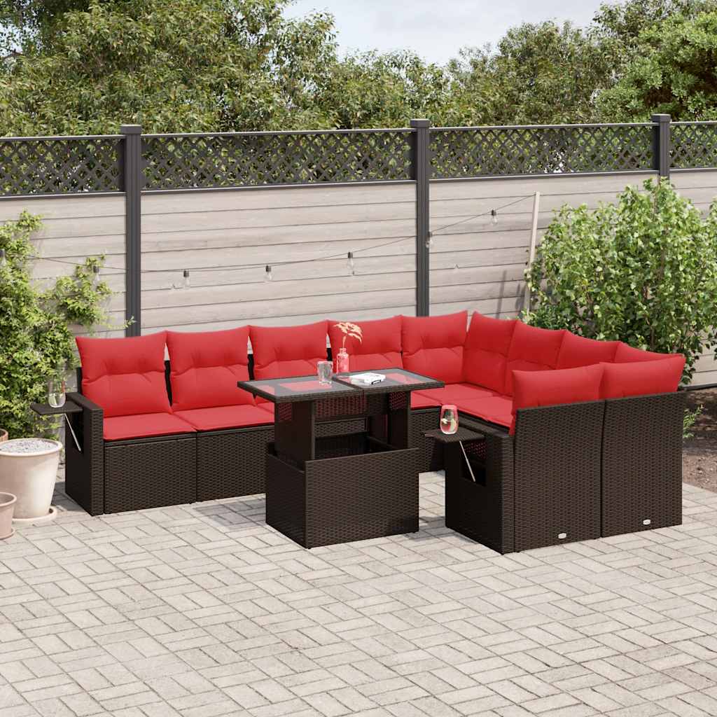 10-delige tuinbankset met kussens, bruin polyrotan – afbeelding 1