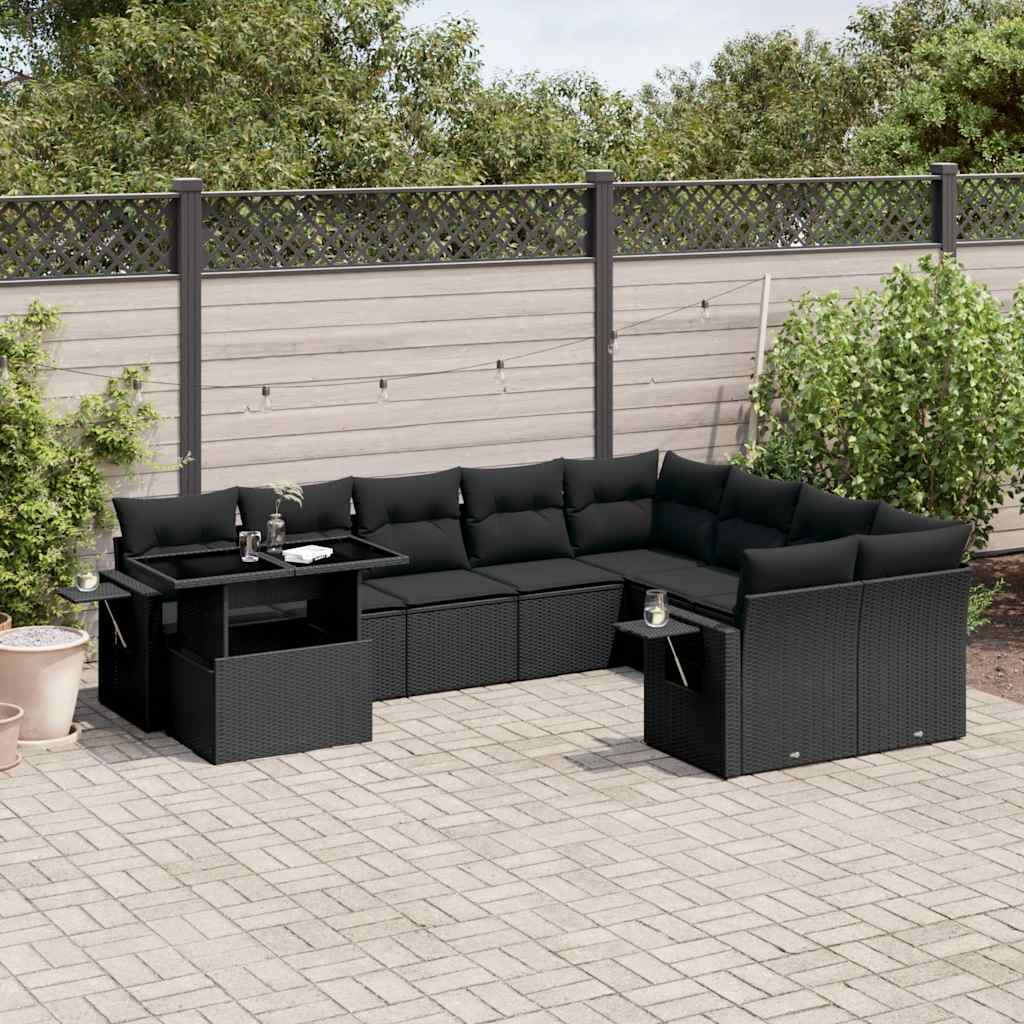 10-delige Loungeset met kussens poly rattan zwart – afbeelding 1