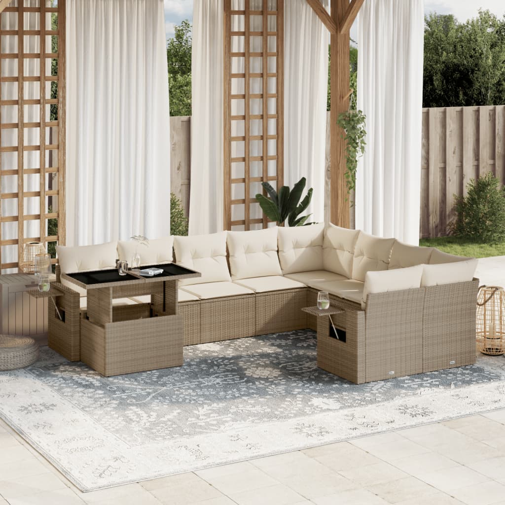 10-delige Loungeset met kussens poly rattan beige – afbeelding 1