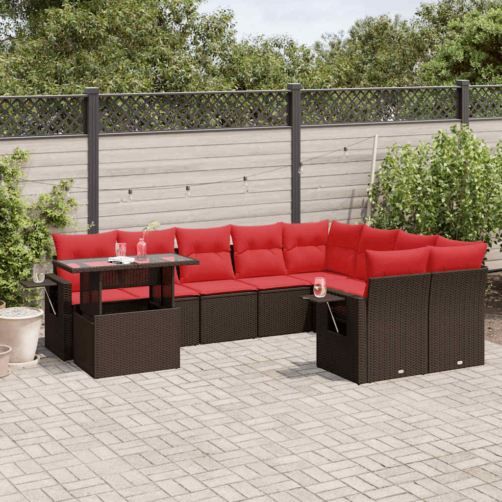 10-delige tuinbankset met kussens, bruin polyrotan – afbeelding 1