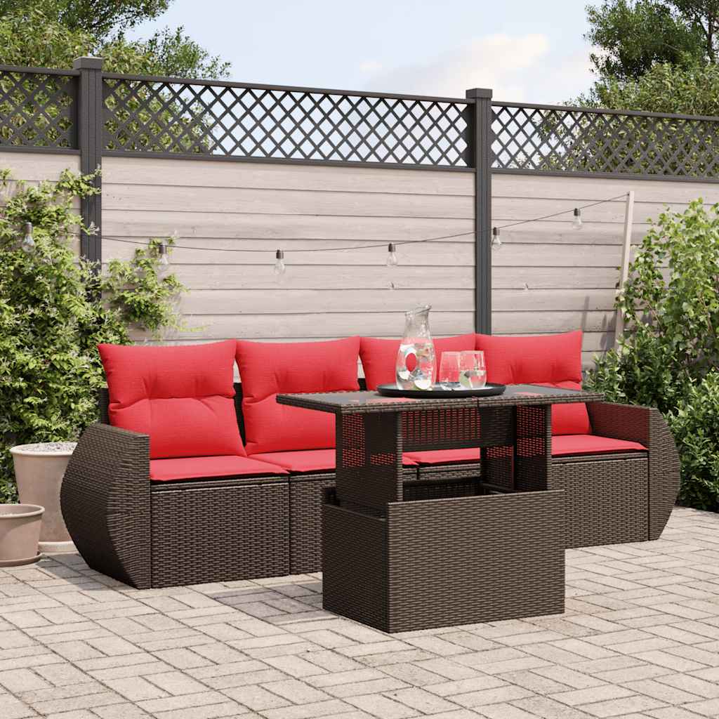 5-delige tuinbankset met kussens, bruin polyrotan – afbeelding 1