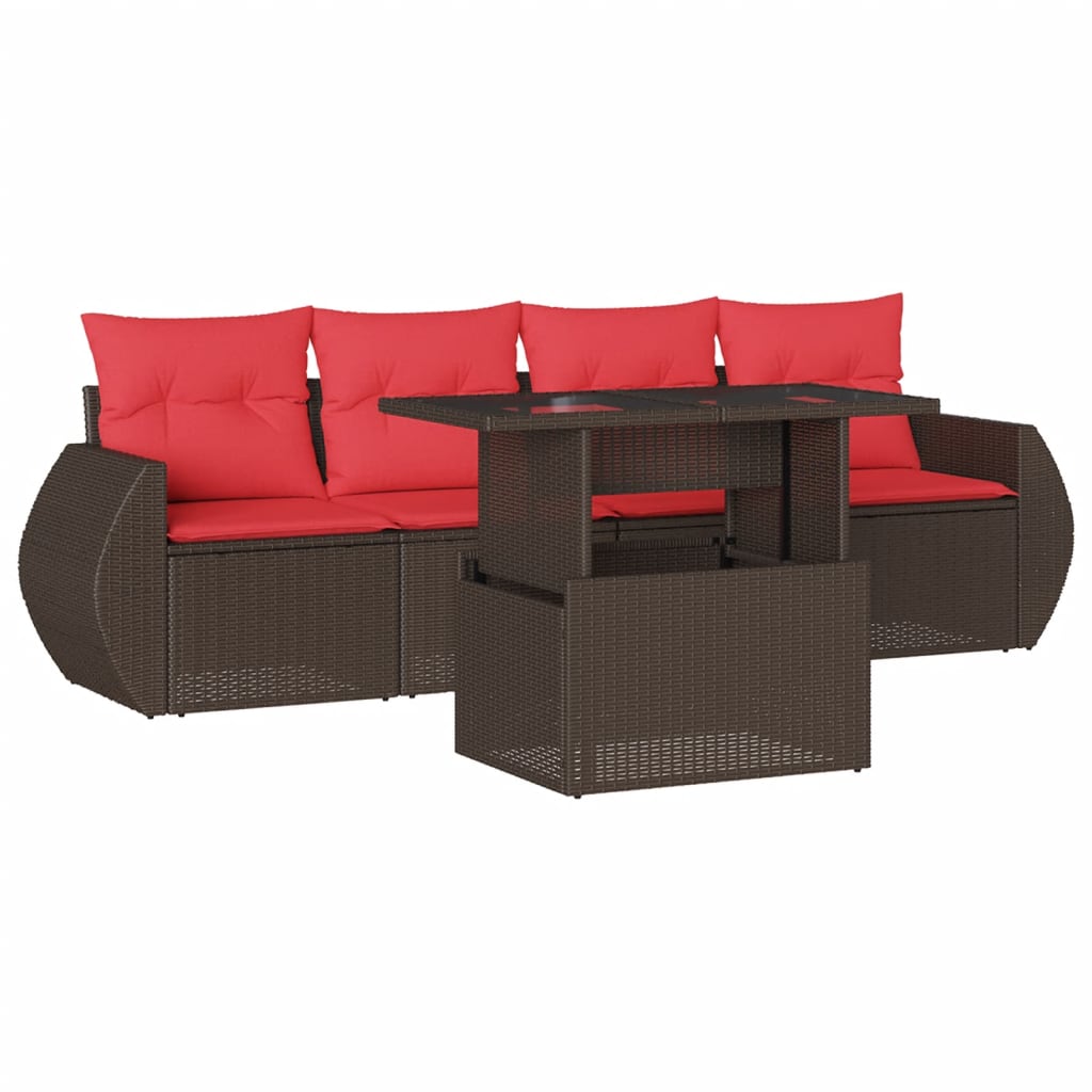 5-delige tuinbankset met kussens, bruin polyrotan – afbeelding 2
