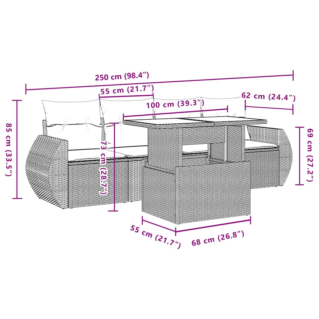 5-delige tuinbankset met kussens, bruin polyrotan – afbeelding 9