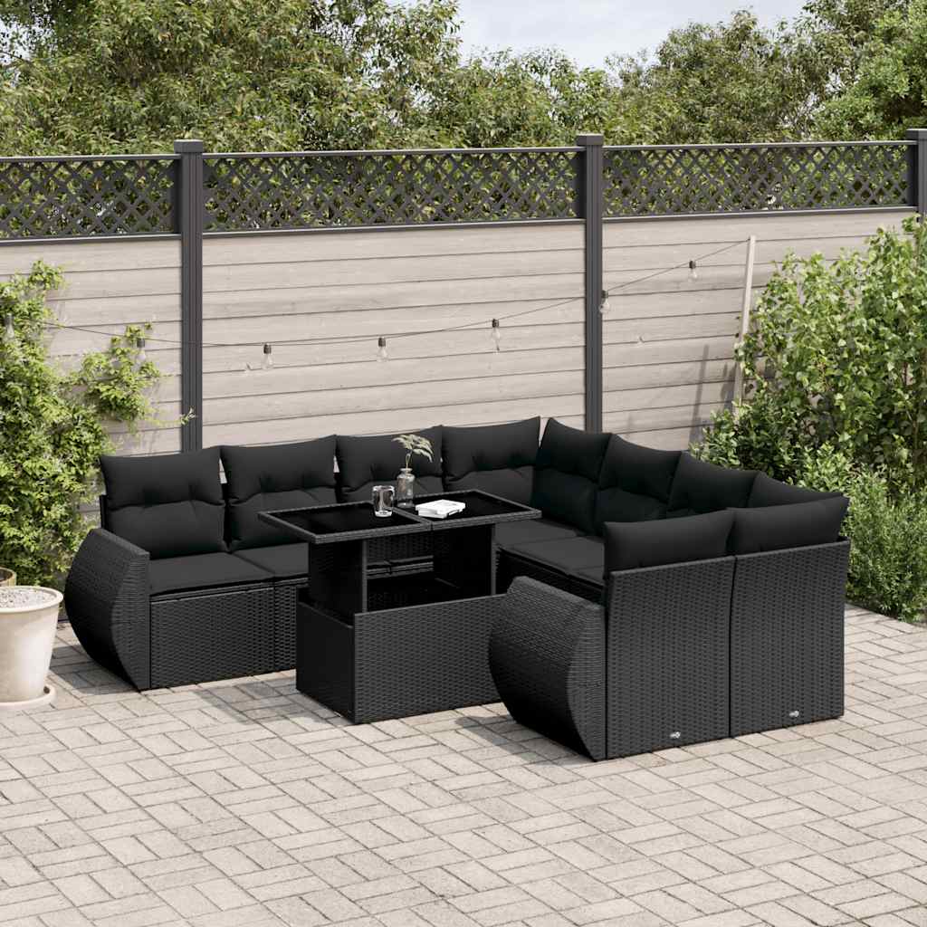 9-delige Loungeset met kussens poly rattan zwart – afbeelding 1
