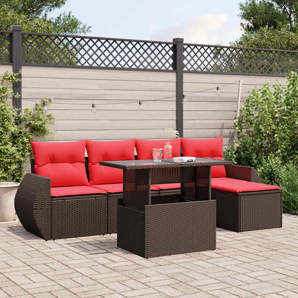 6-delige tuinbankset met kussens, bruin polyrotan – afbeelding 1
