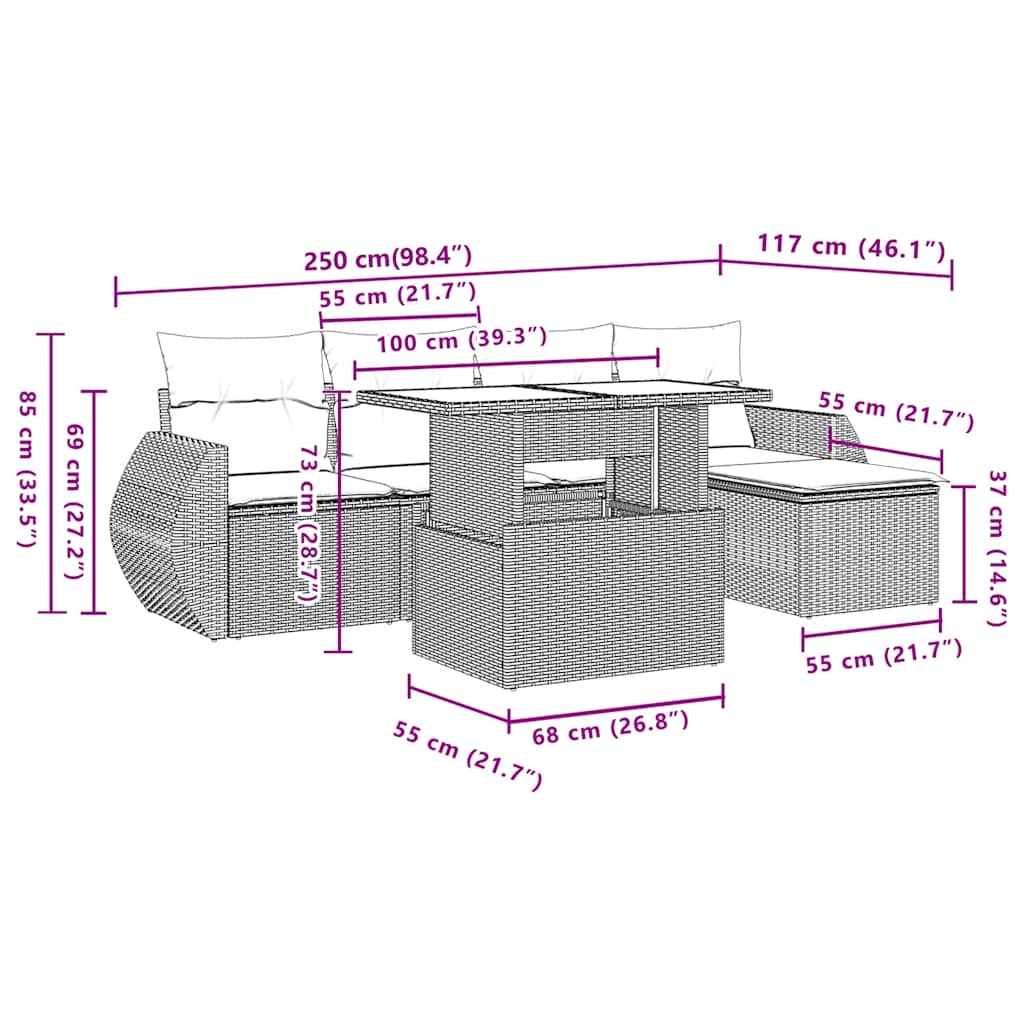 6-delige tuinbankset met kussens, bruin polyrotan – afbeelding 10