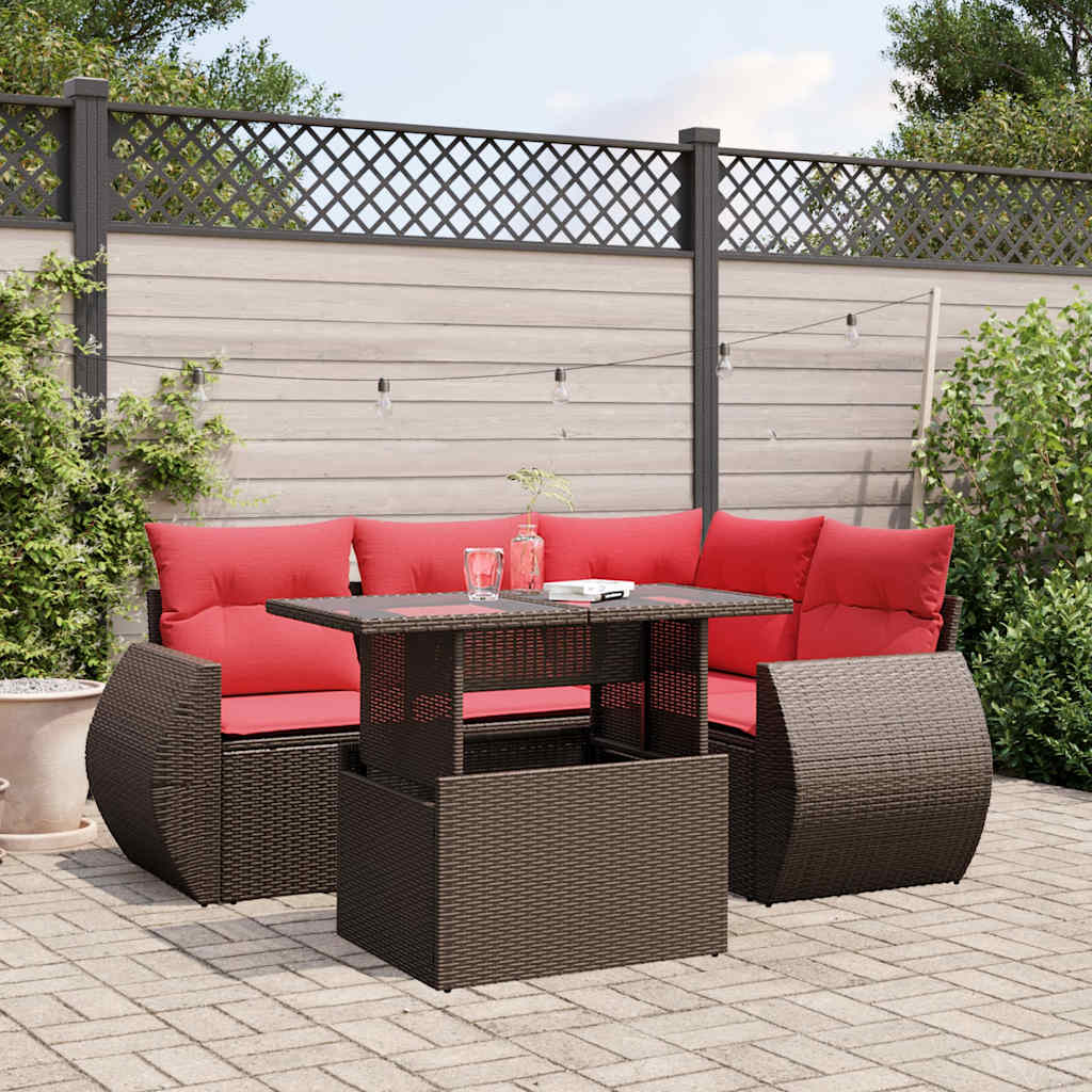 5-delige tuinbankset met kussens, bruin polyrotan – afbeelding 1