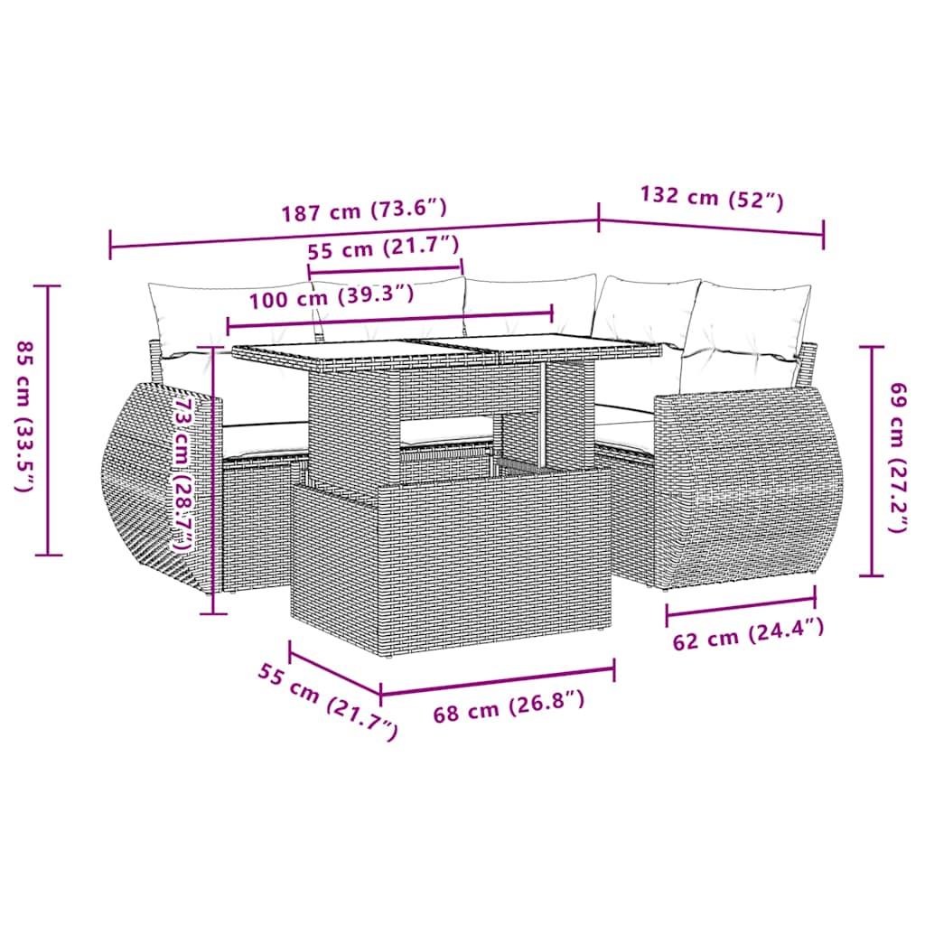 5-delige tuinbankset met kussens, bruin polyrotan – afbeelding 10