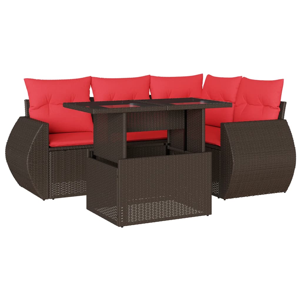 5-delige tuinbankset met kussens, bruin polyrotan – afbeelding 2