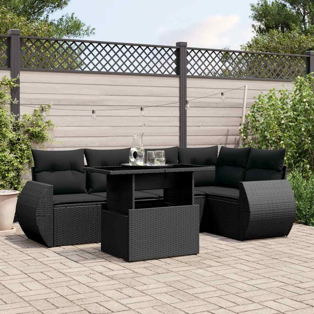 6-delige Loungeset met kussens poly rattan zwart – afbeelding 1