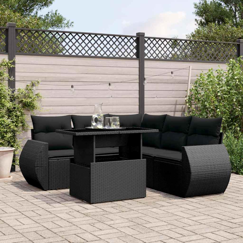 6-delige Loungeset met kussens poly rattan zwart – afbeelding 1