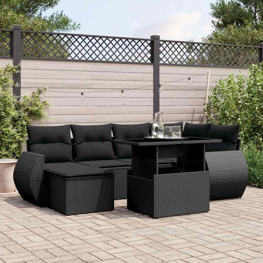 7-delige Loungeset met kussens poly rattan zwart – afbeelding 1