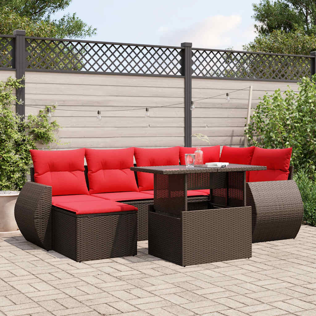 7-delige tuinbankset met kussens, bruin polyrotan – afbeelding 1