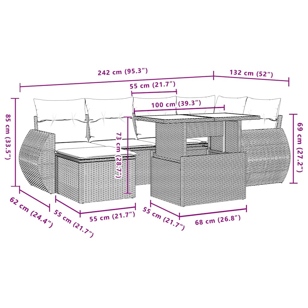 7-delige tuinbankset met kussens, bruin polyrotan – afbeelding 11