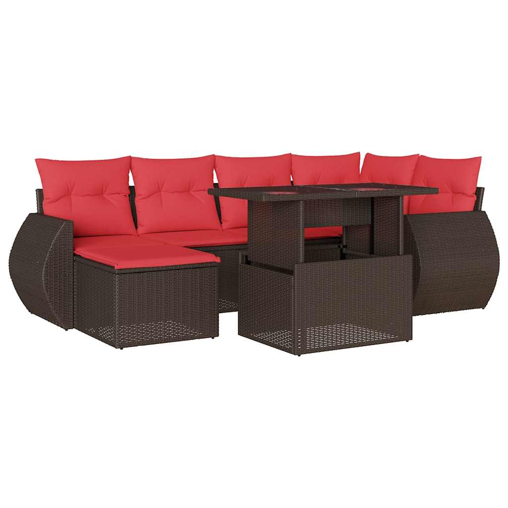 7-delige tuinbankset met kussens, bruin polyrotan – afbeelding 2