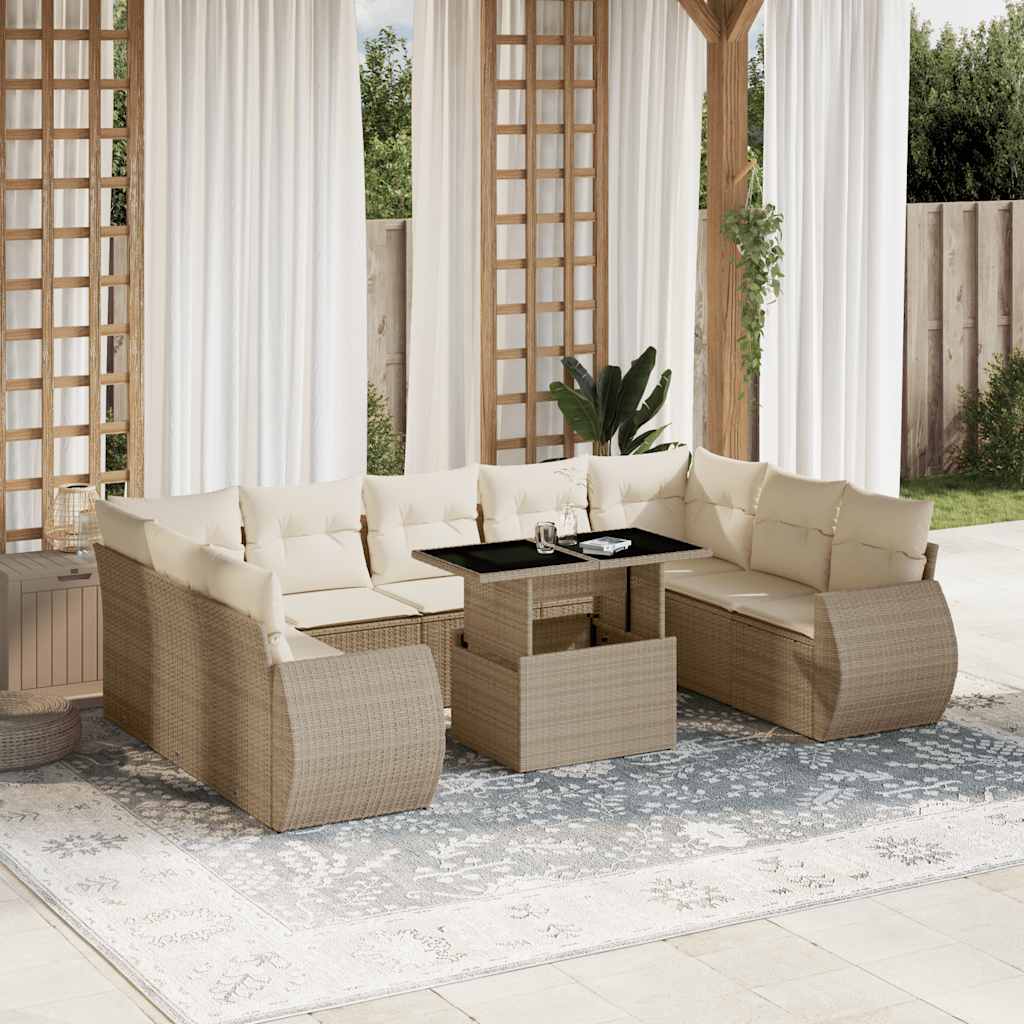 10-delige Loungeset met kussens poly rattan beige – afbeelding 1
