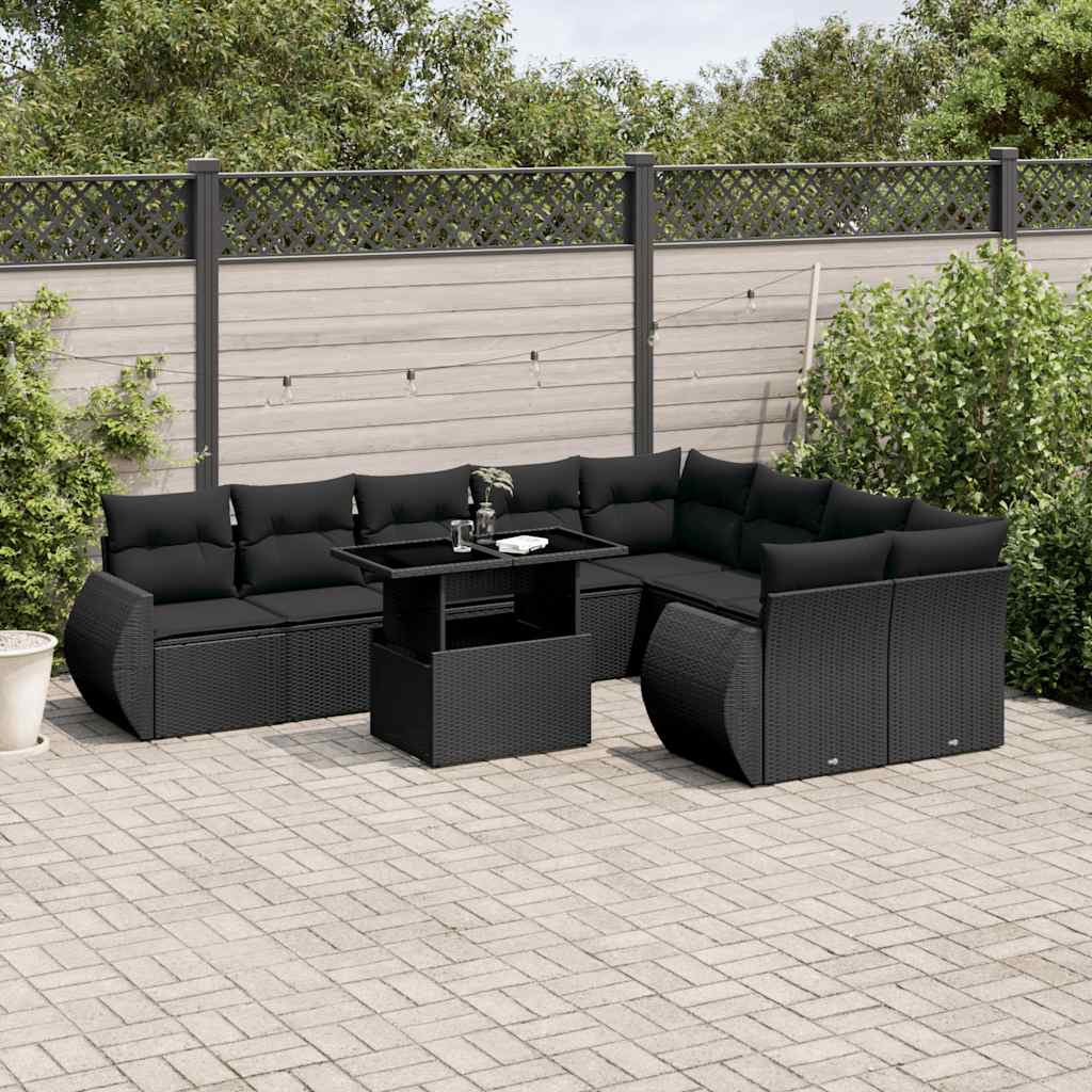 10-delige Loungeset met kussens poly rattan zwart – afbeelding 1