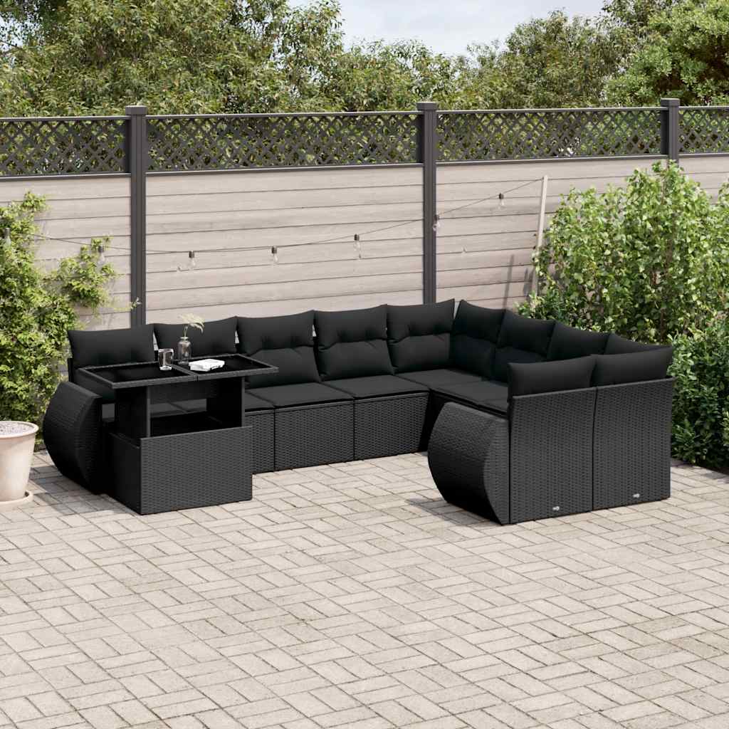 10-delige Loungeset met kussens poly rattan zwart – afbeelding 1