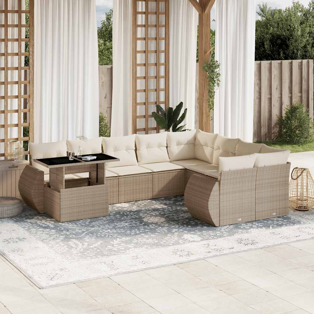 10-delige Loungeset met kussens poly rattan beige – afbeelding 1
