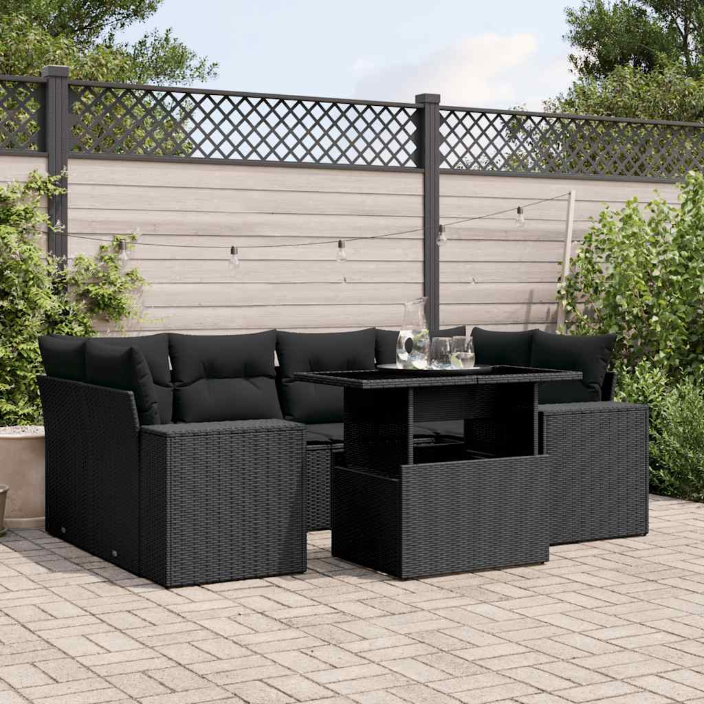 7-delige Loungeset met kussens poly rattan zwart – afbeelding 1