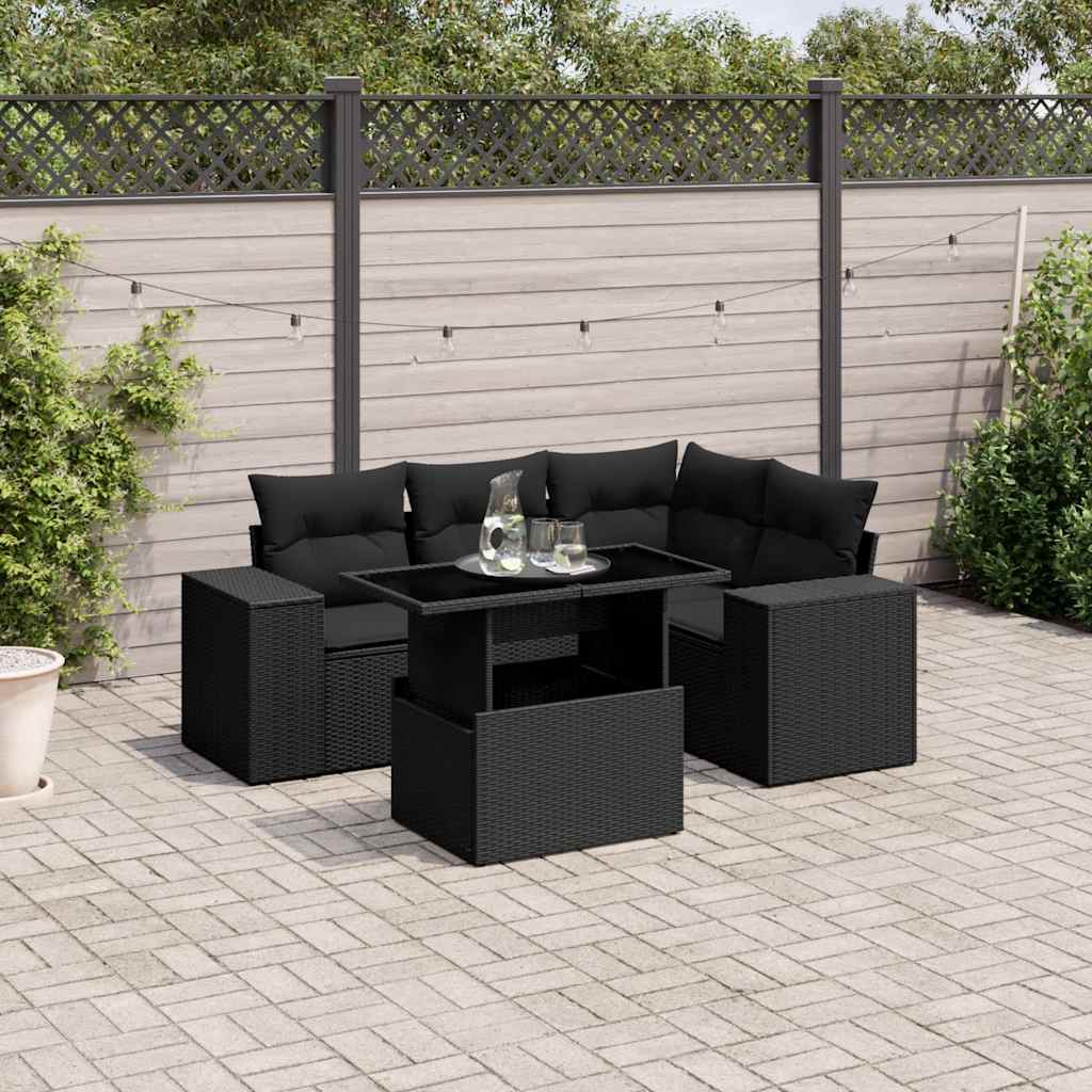 5-delige Loungeset met kussens poly rattan zwart – afbeelding 1