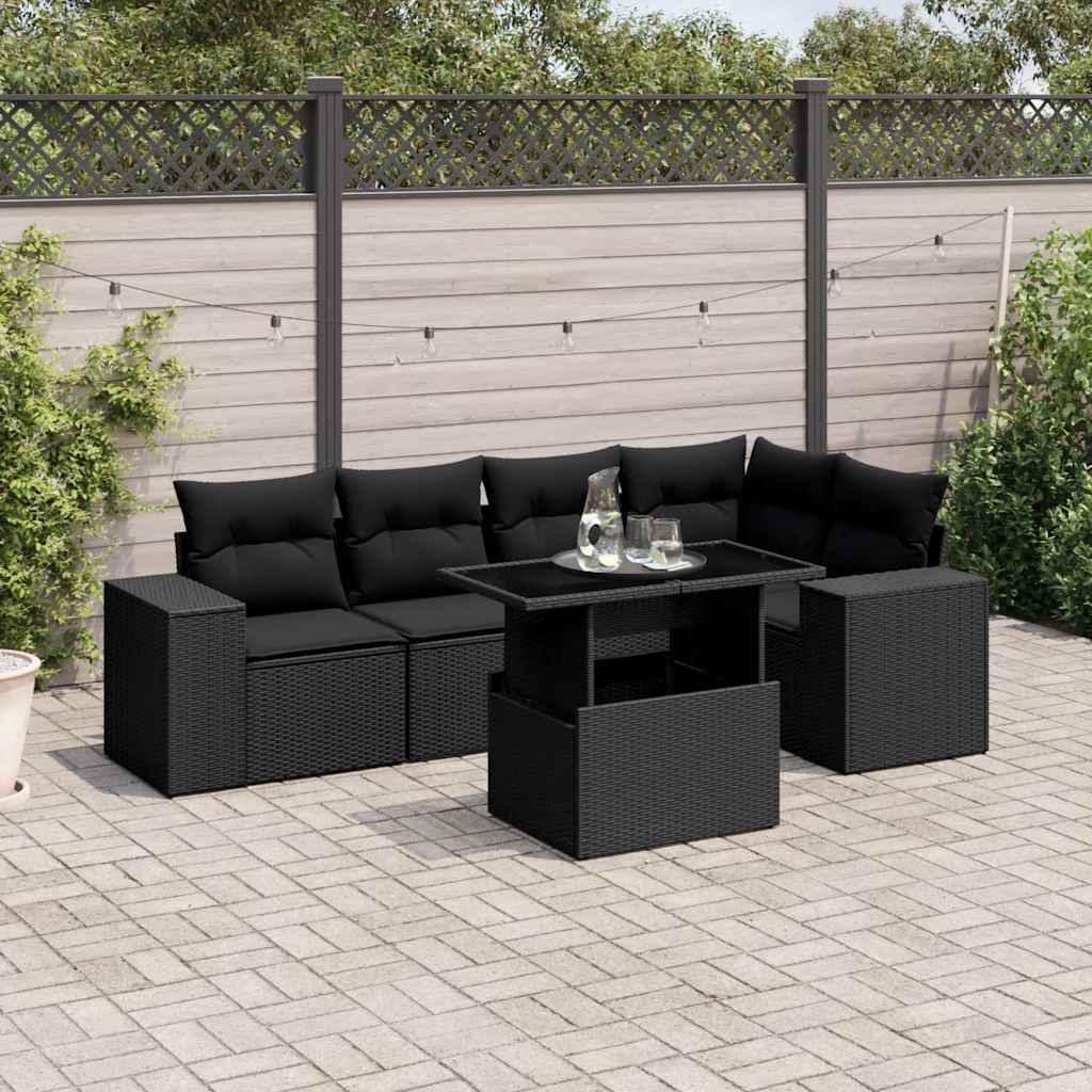 6-delige Loungeset met kussens poly rattan zwart – afbeelding 1