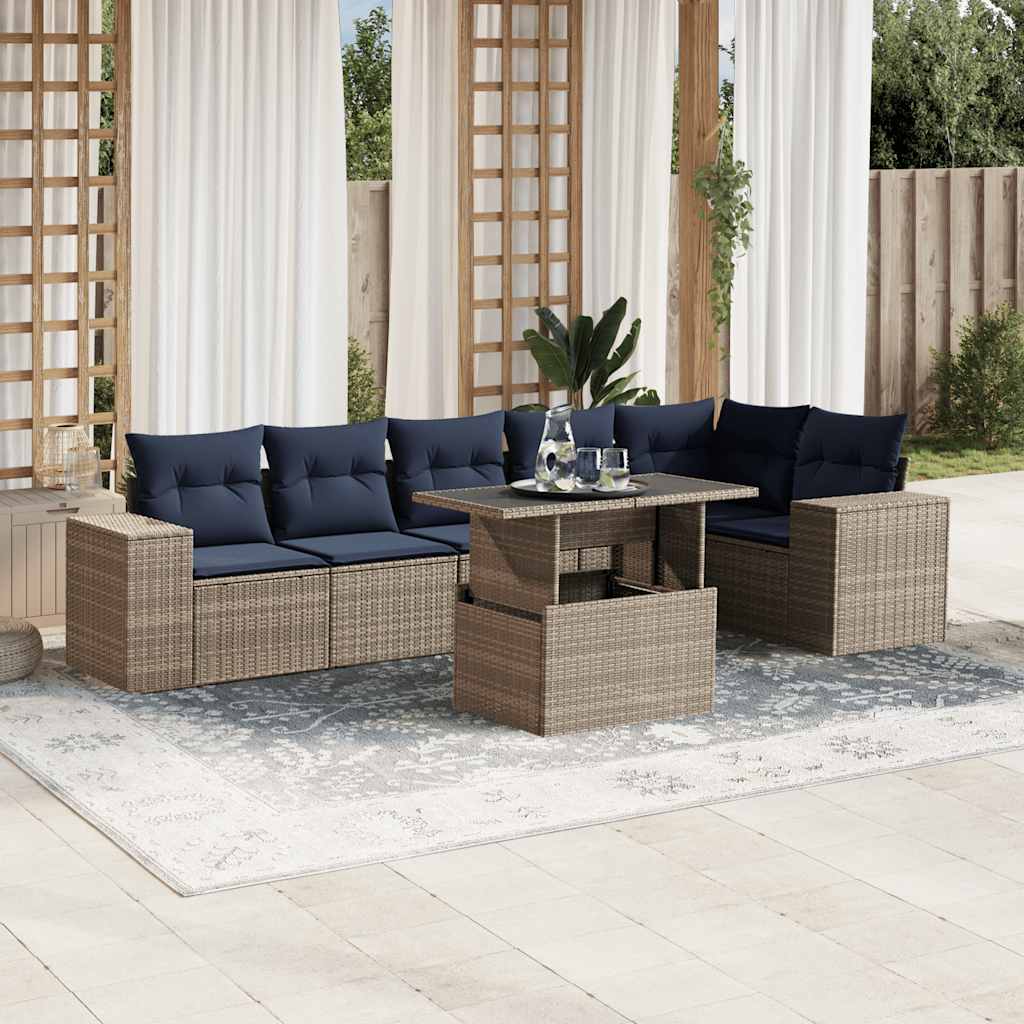 7-delige tuinbankset met kussens, grijs polyrotan – afbeelding 1