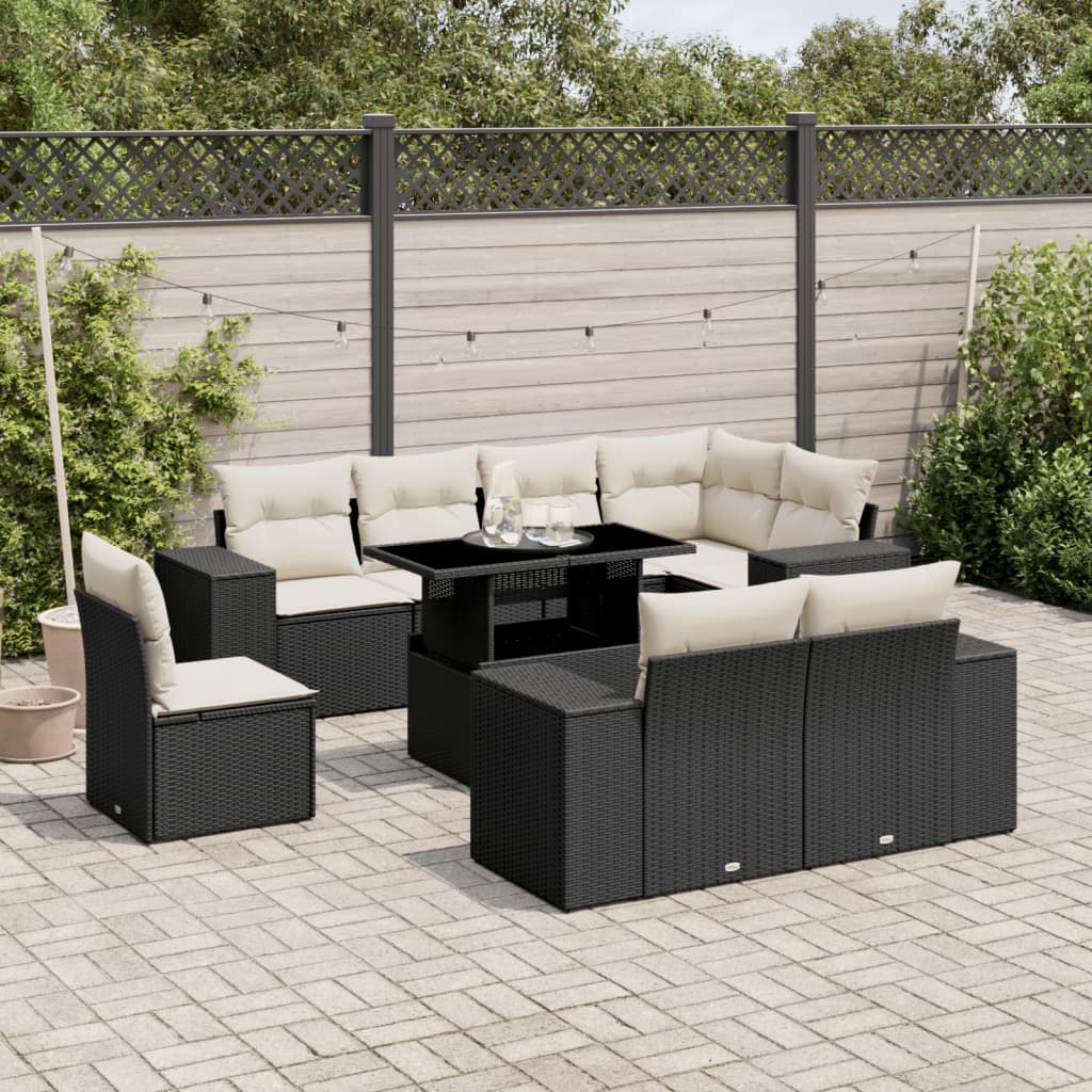 9-delige Loungeset met kussens poly rattan zwart – afbeelding 1