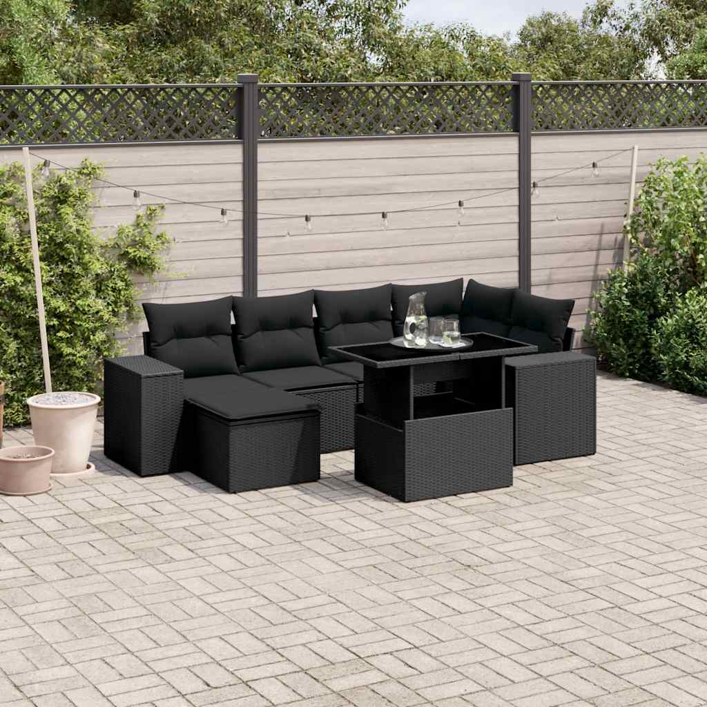 7-delige Loungeset met kussens poly rattan zwart – afbeelding 1
