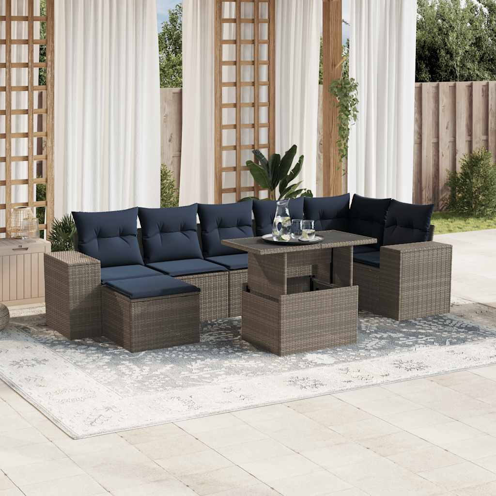 8-delige tuinbankset met kussens, grijs polyrotan – afbeelding 1