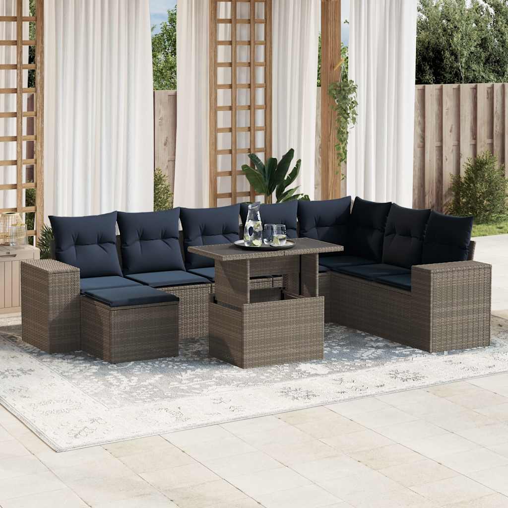 9-delige tuinbankset met kussens, grijs polyrotan – afbeelding 1