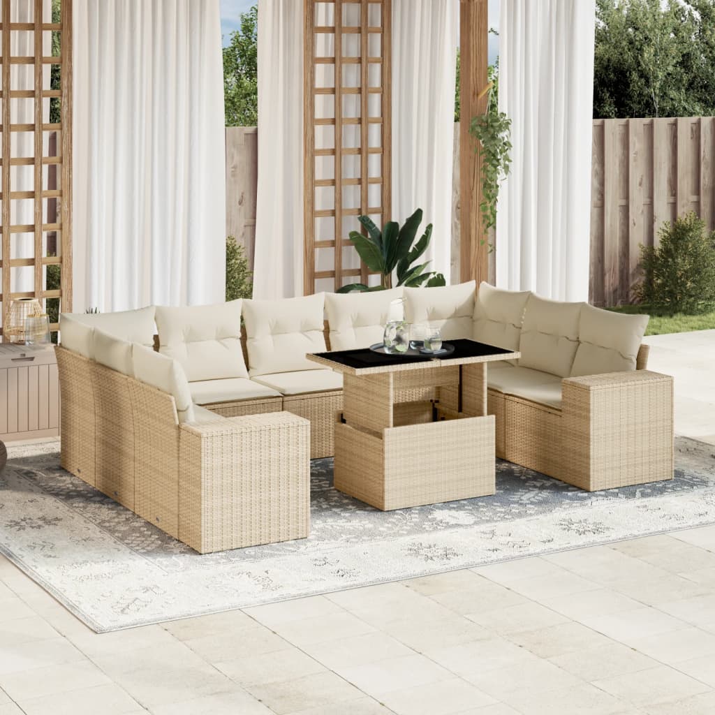 10-delige Loungeset met kussens poly rattan beige – afbeelding 1