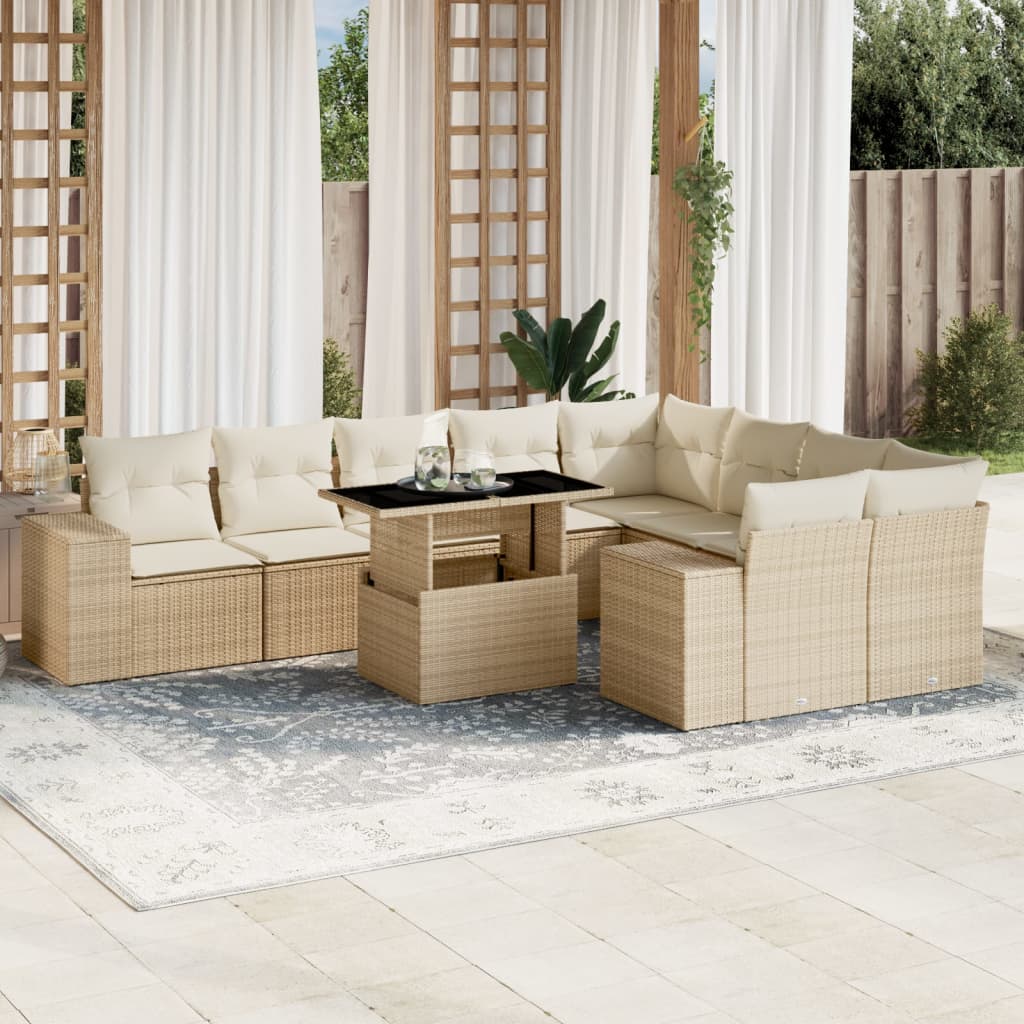 10-delige Loungeset met kussens poly rattan beige – afbeelding 1