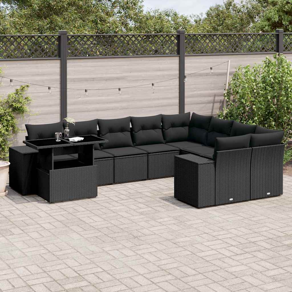 10-delige Loungeset met kussens poly rattan zwart – afbeelding 1