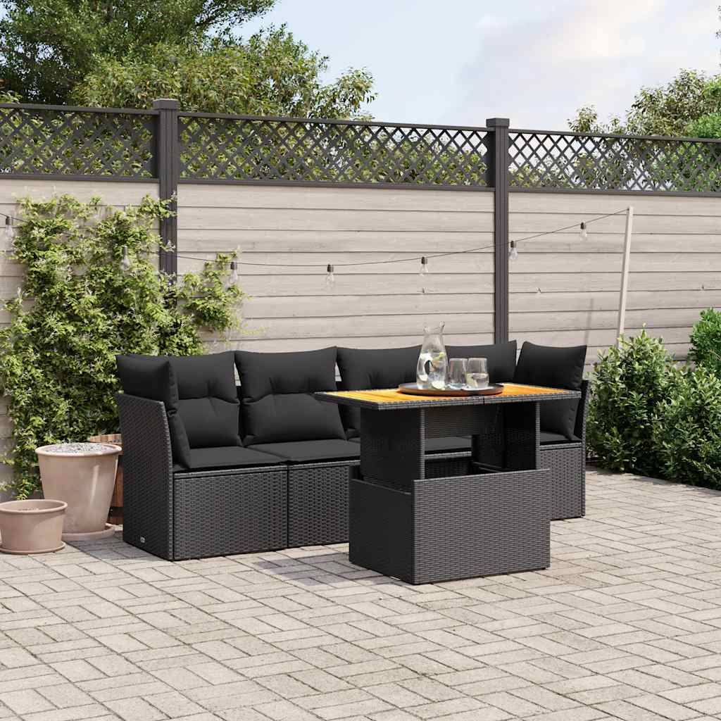 5-delige Loungeset met kussens poly rattan zwart – afbeelding 1
