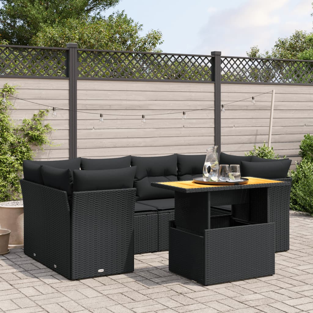7-delige Loungeset met kussens poly rattan zwart – afbeelding 1