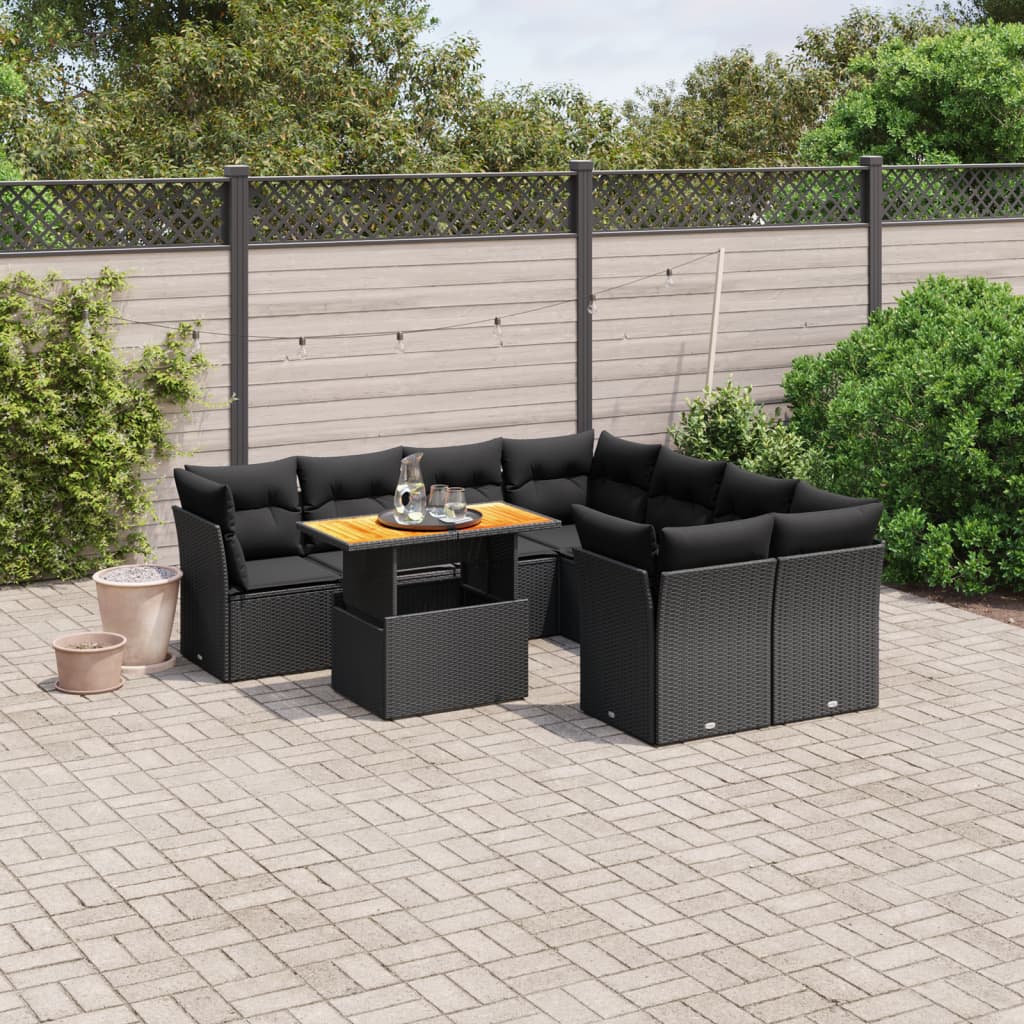 9-delige Loungeset met kussens poly rattan zwart – afbeelding 1