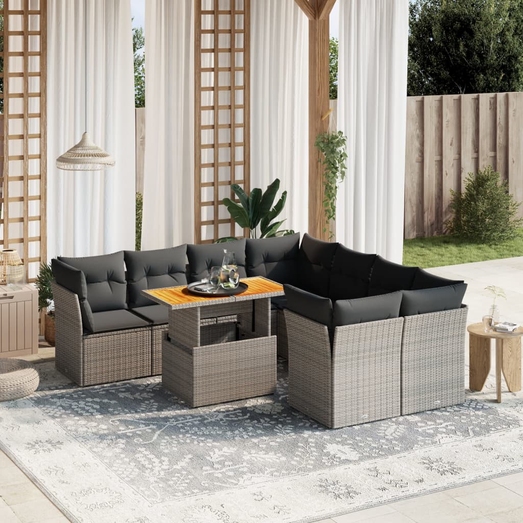 9-delige Loungeset met kussens poly rattan grijs – afbeelding 1