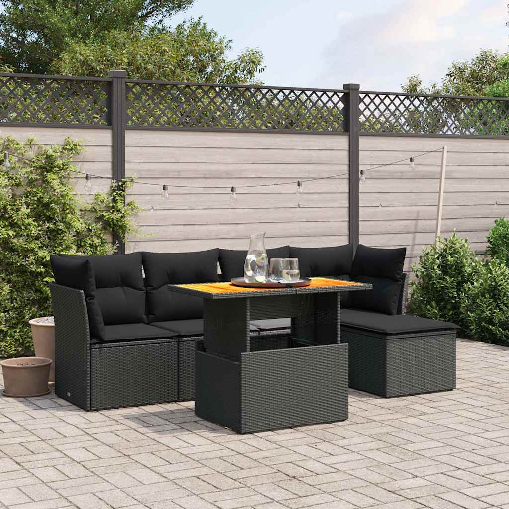 6-delige Loungeset met kussens poly rattan zwart – afbeelding 1