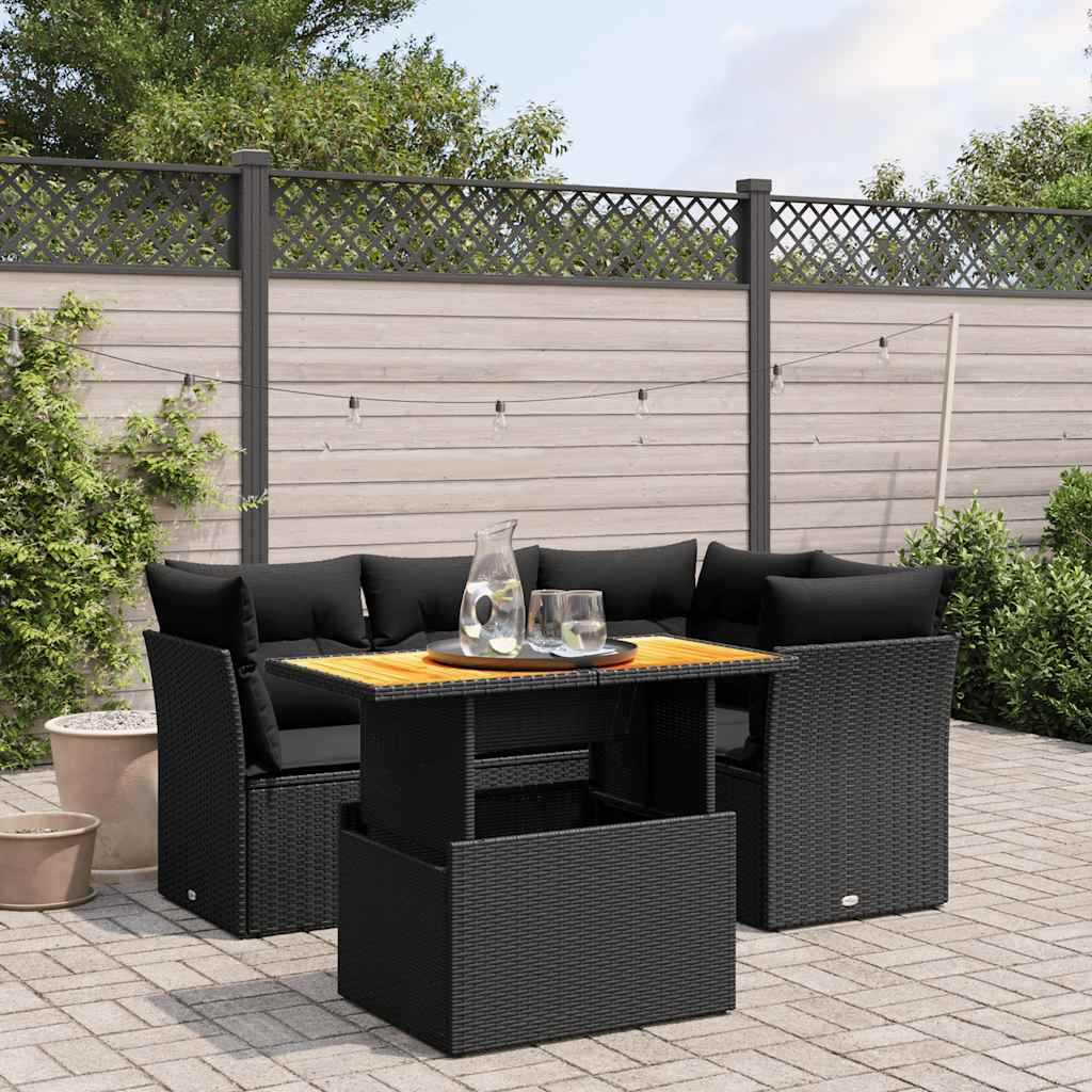 5-delige Loungeset met kussens poly rattan zwart – afbeelding 1