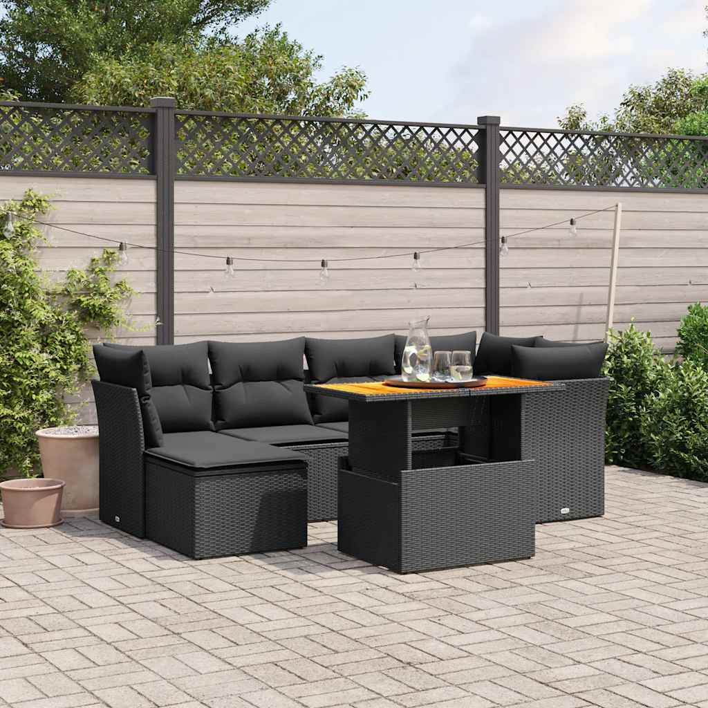 7-delige Loungeset met kussens poly rattan zwart – afbeelding 1
