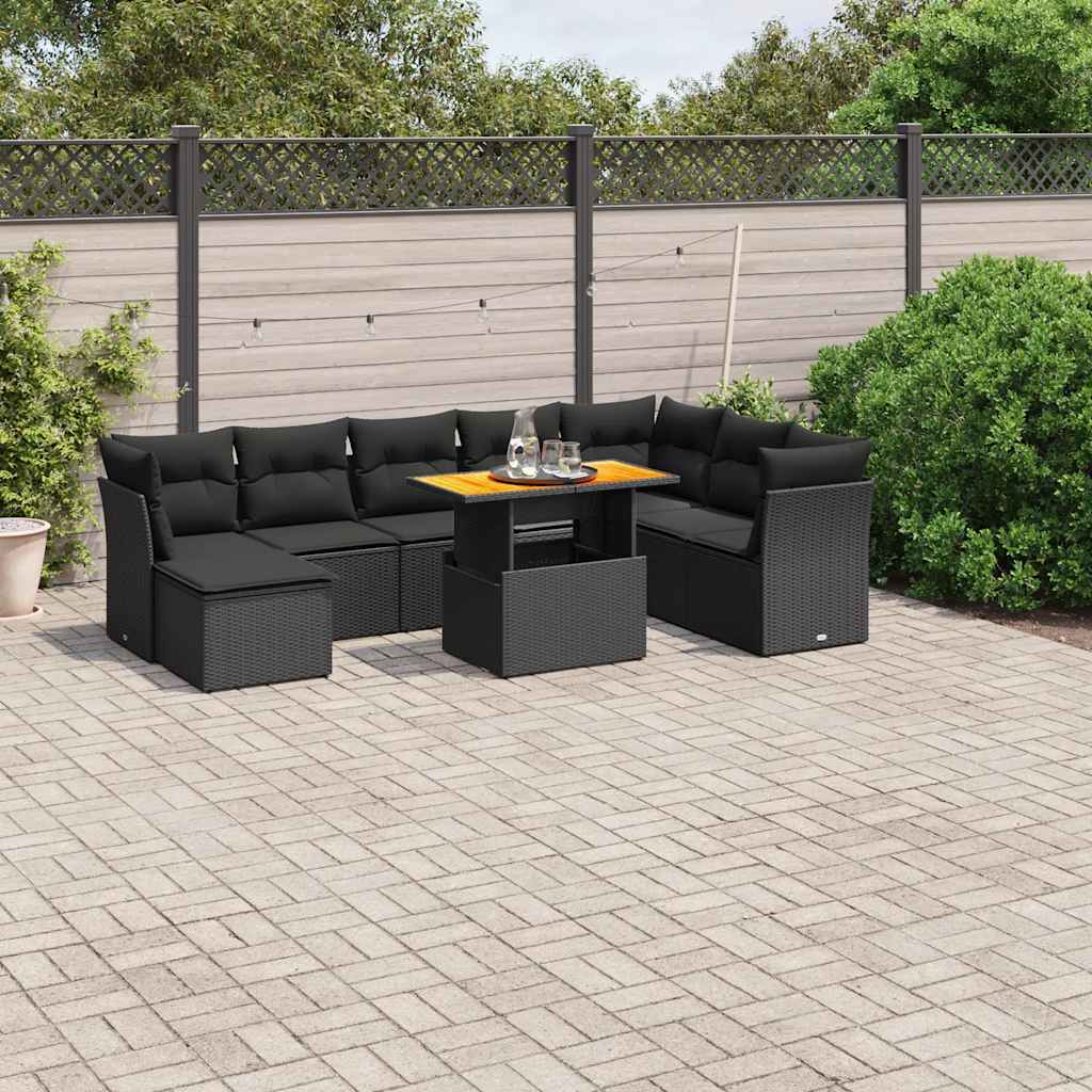 9-delige Loungeset met kussens poly rattan zwart – afbeelding 1
