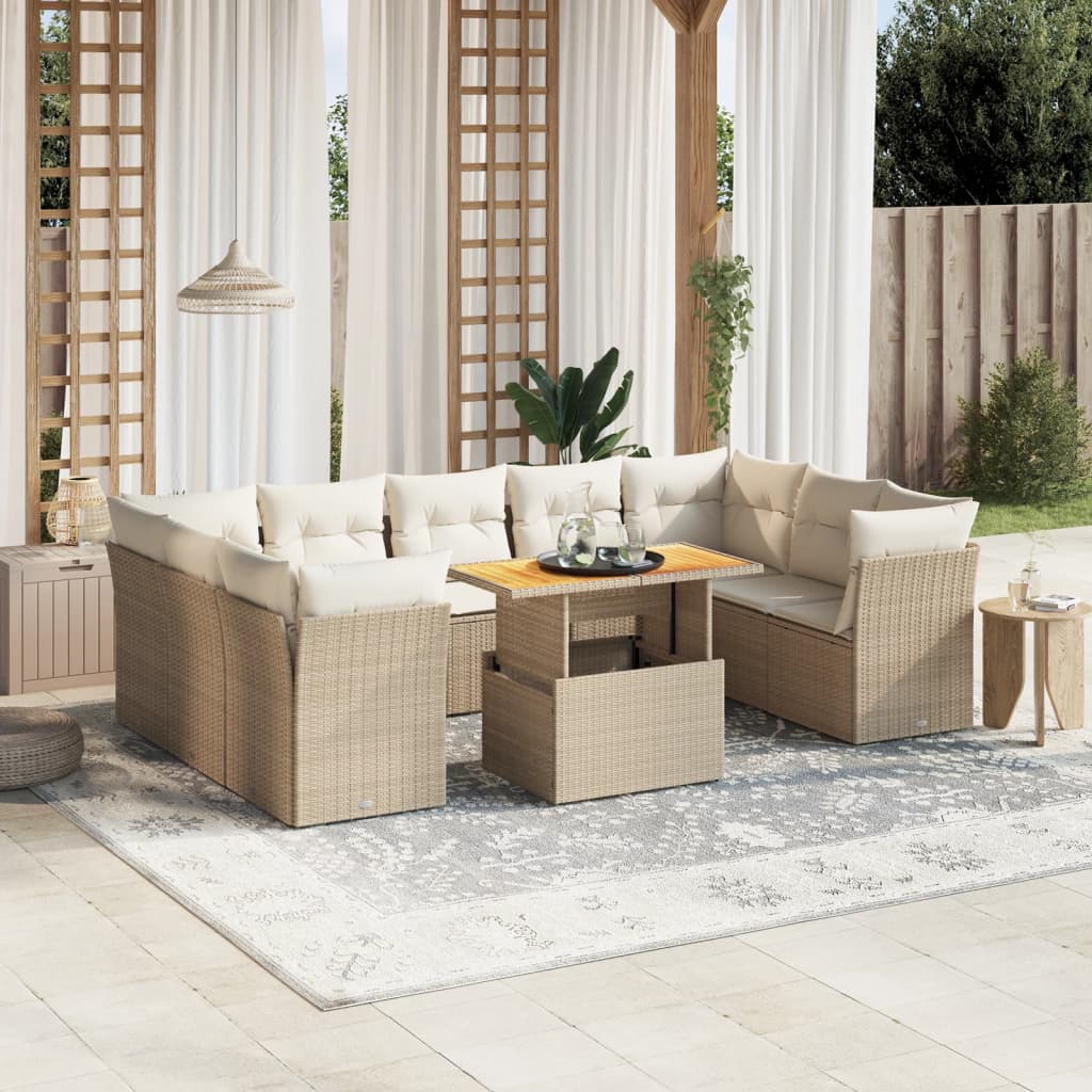 10-delige Loungeset met kussens poly rattan beige – afbeelding 1