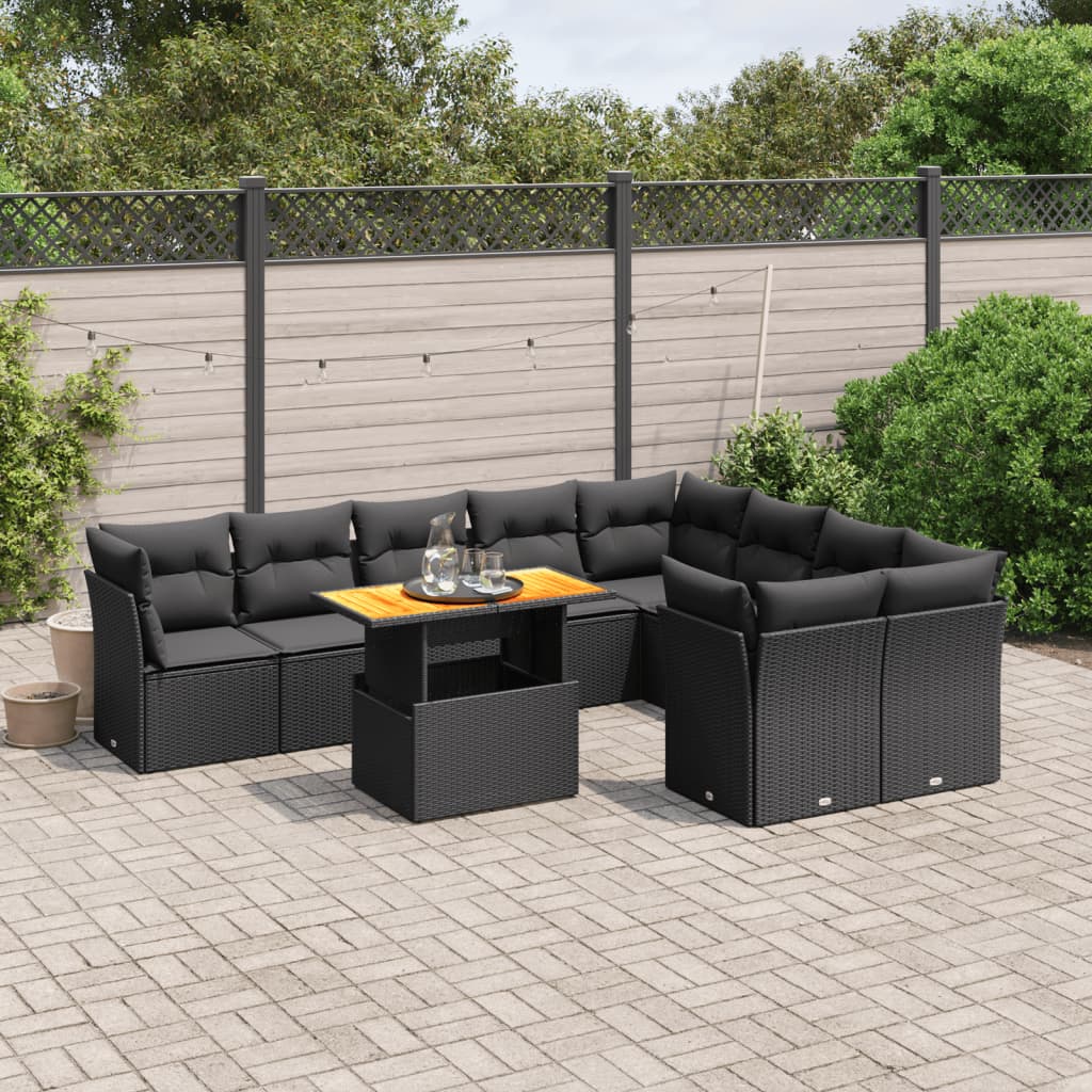 10-delige Loungeset met kussens poly rattan zwart – afbeelding 1