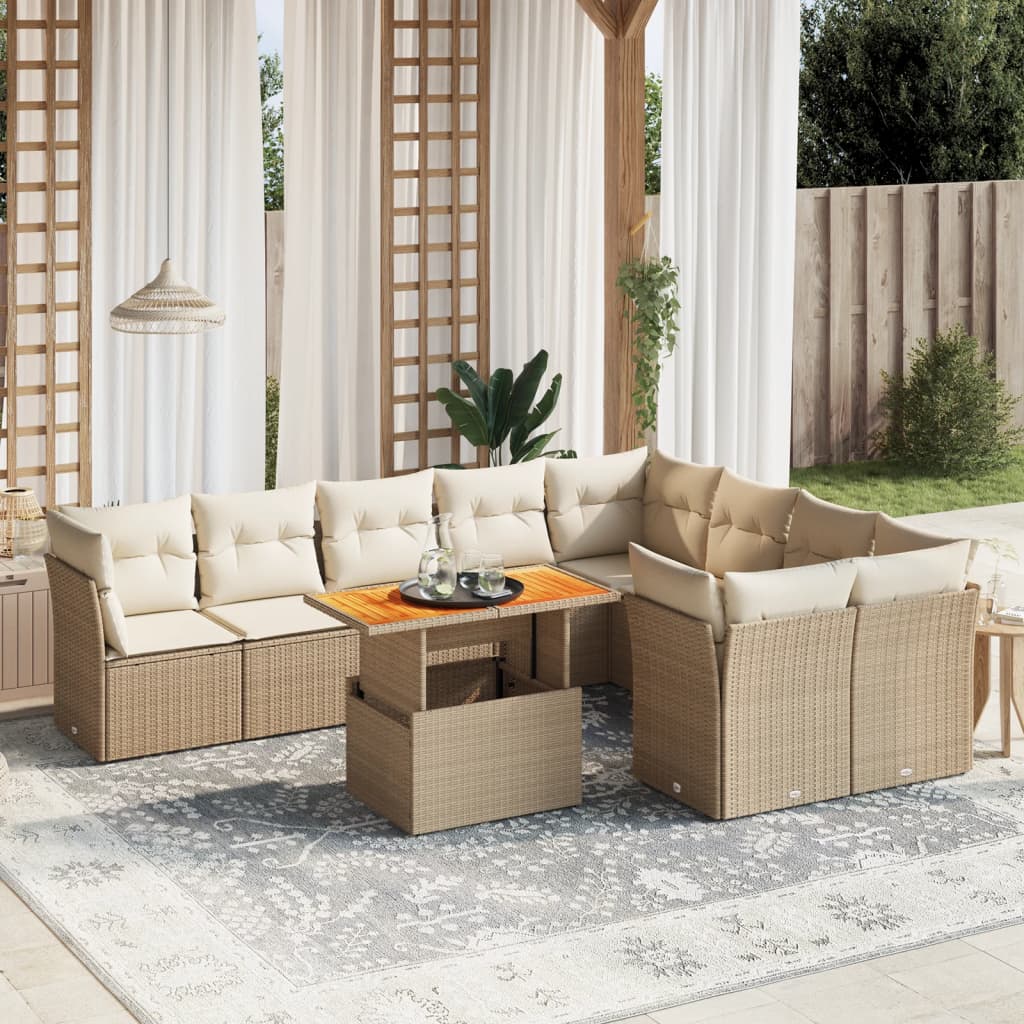 10-delige Loungeset met kussens poly rattan beige – afbeelding 1