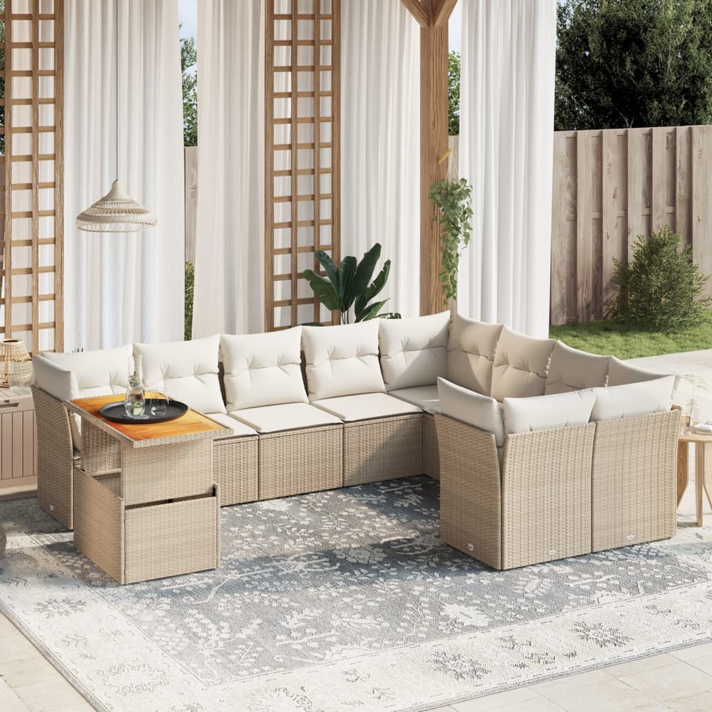 10-delige Loungeset met kussens poly rattan beige – afbeelding 1